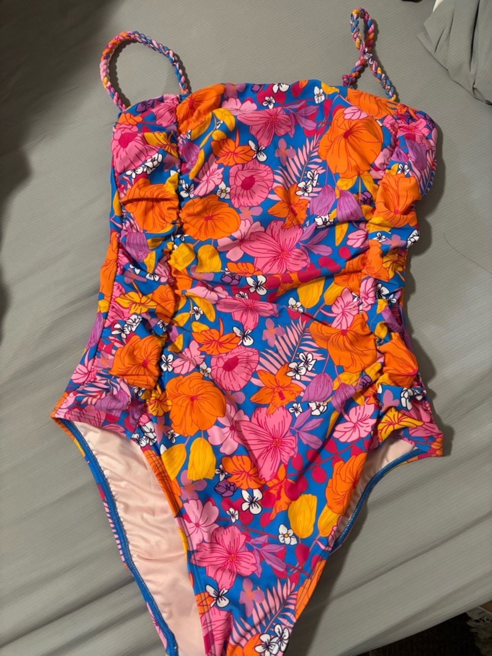 Cupshe Bright Blue Floral One-Piece Swimsuit with Pink & Orange Flowers